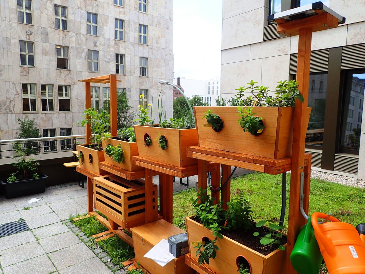 Geco-Gartensystem mit 5 Pflanzwannen auf der Dachterrasse von "Brot für die Welt" in Berlin